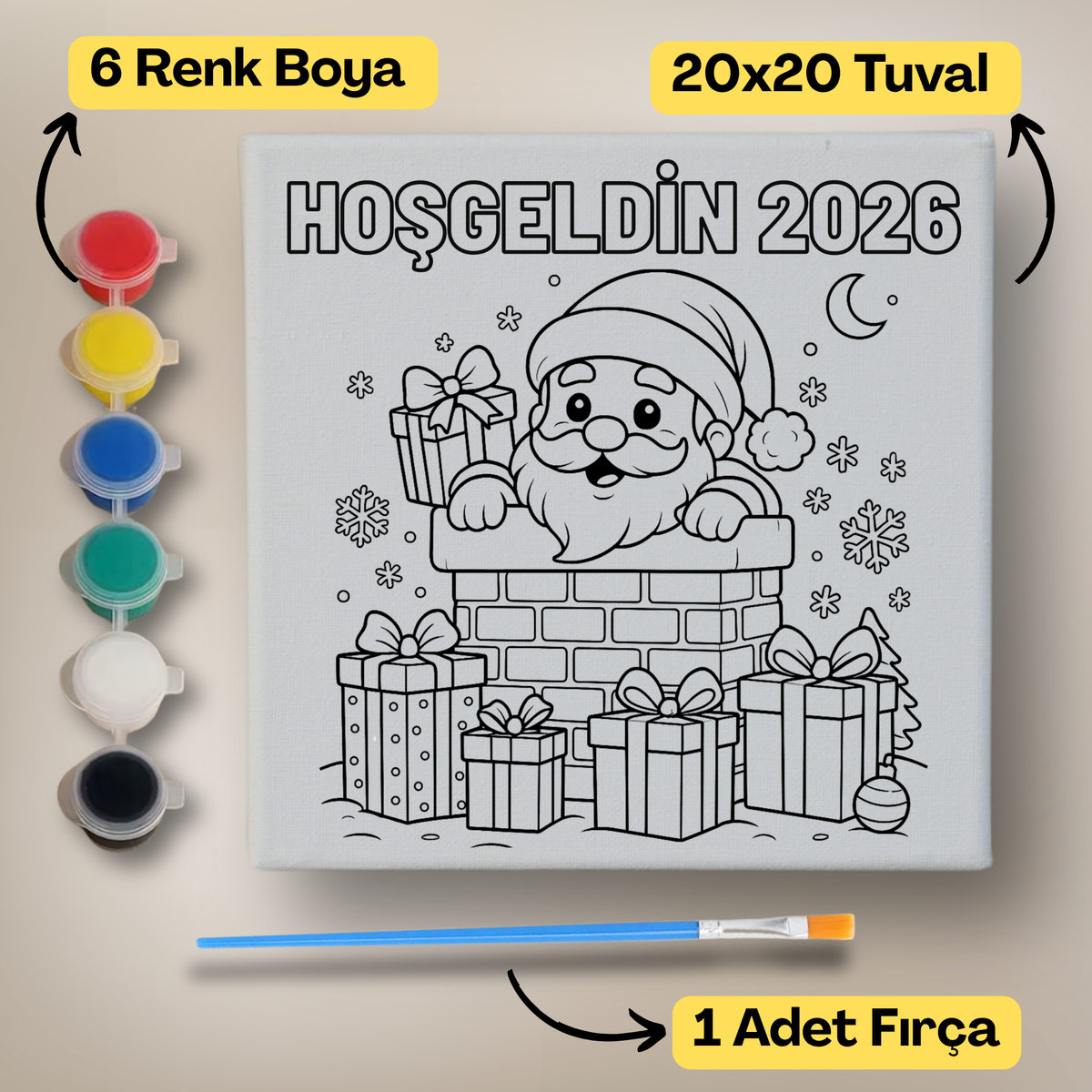 20x20 Çocuklar İçin Boyama Tuvali Seti – 6 Renk Boya + Fırça Dahil - noel-2 ürün görseli
