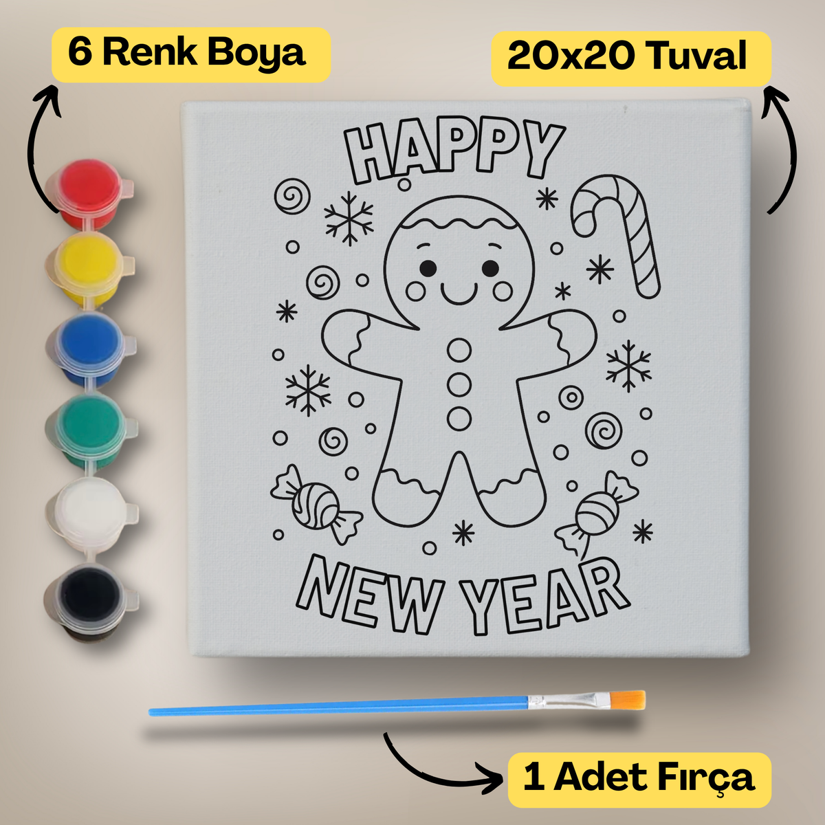 20x20 Çocuklar İçin Boyama Tuvali Seti – 6 Renk Boya + Fırça Dahil - noel-4 ürün görseli