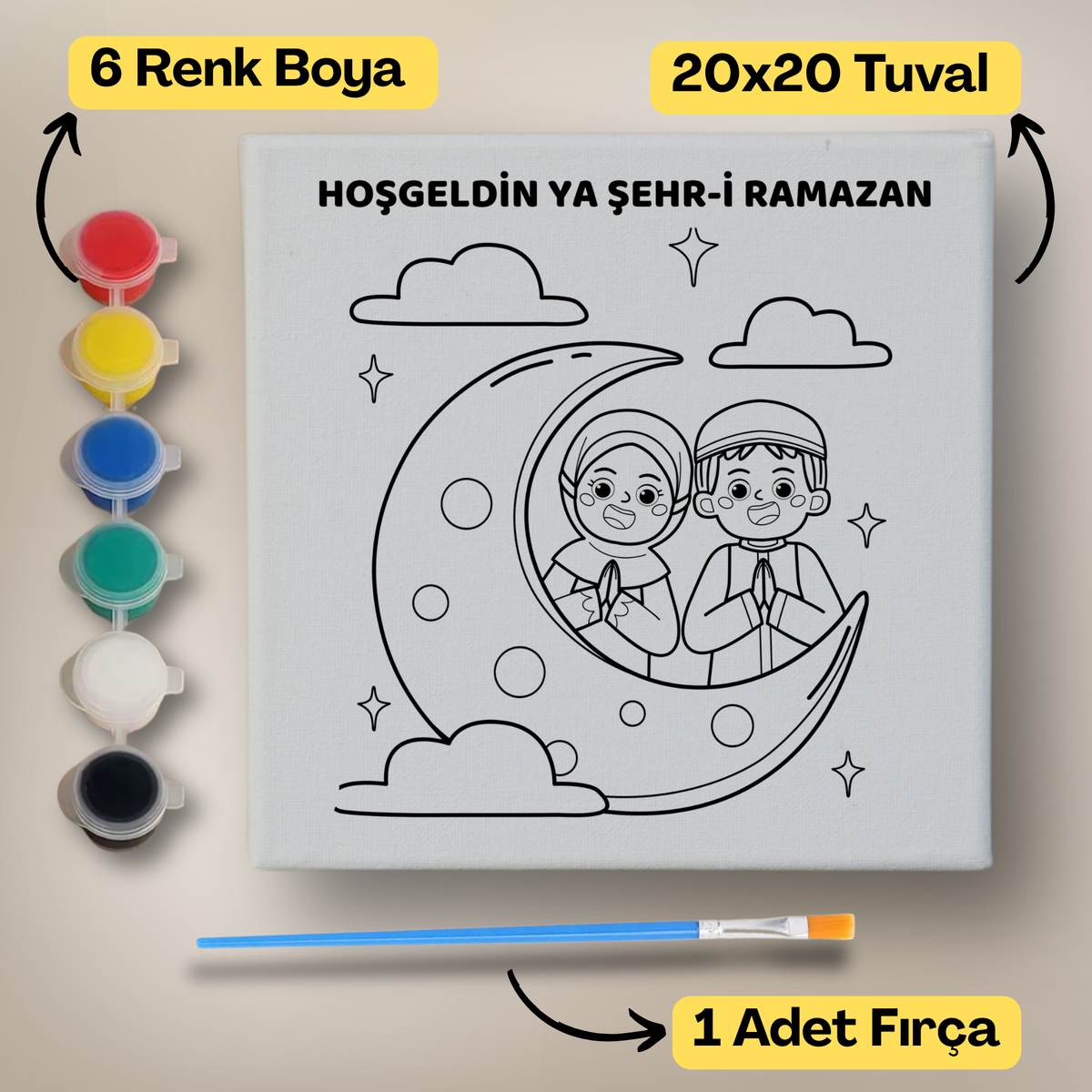 20x20 Çocuklar İçin Boyama Tuvali Seti – 6 Renk Boya + Fırça Dahil - ramazan-1 ürün görseli
