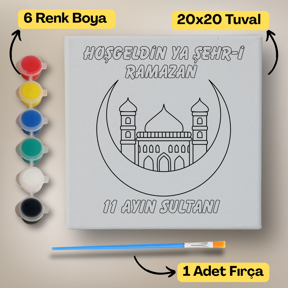 20x20 Çocuklar İçin Boyama Tuvali Seti – 6 Renk Boya + Fırça Dahil - ramazan-3 ürün görseli