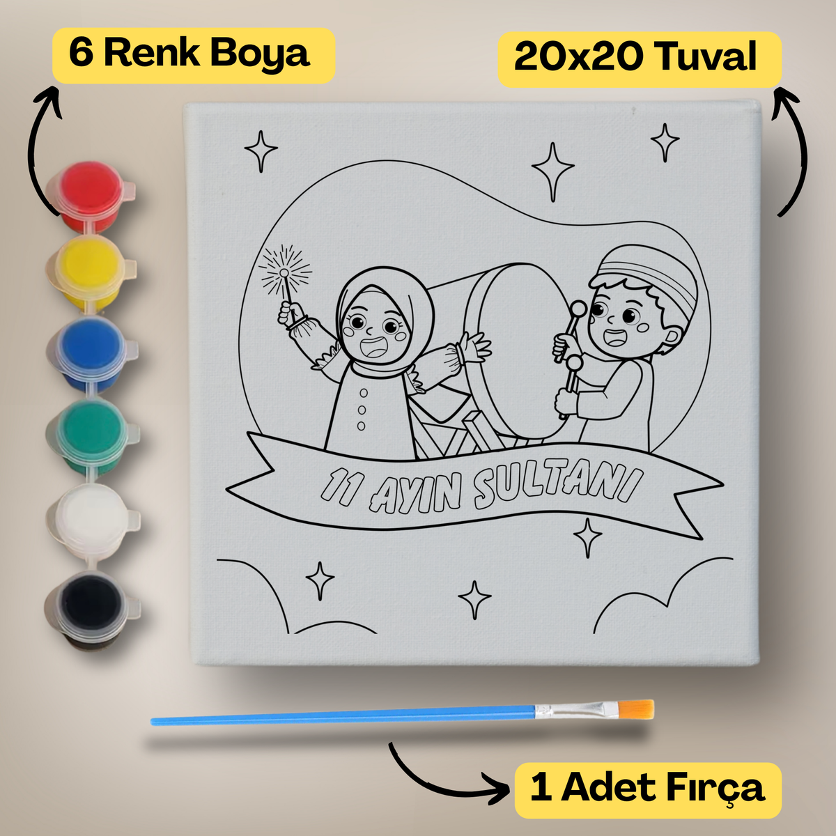 20x20 Çocuklar İçin Boyama Tuvali Seti – 6 Renk Boya + Fırça Dahil - ramazan-4 ürün görseli