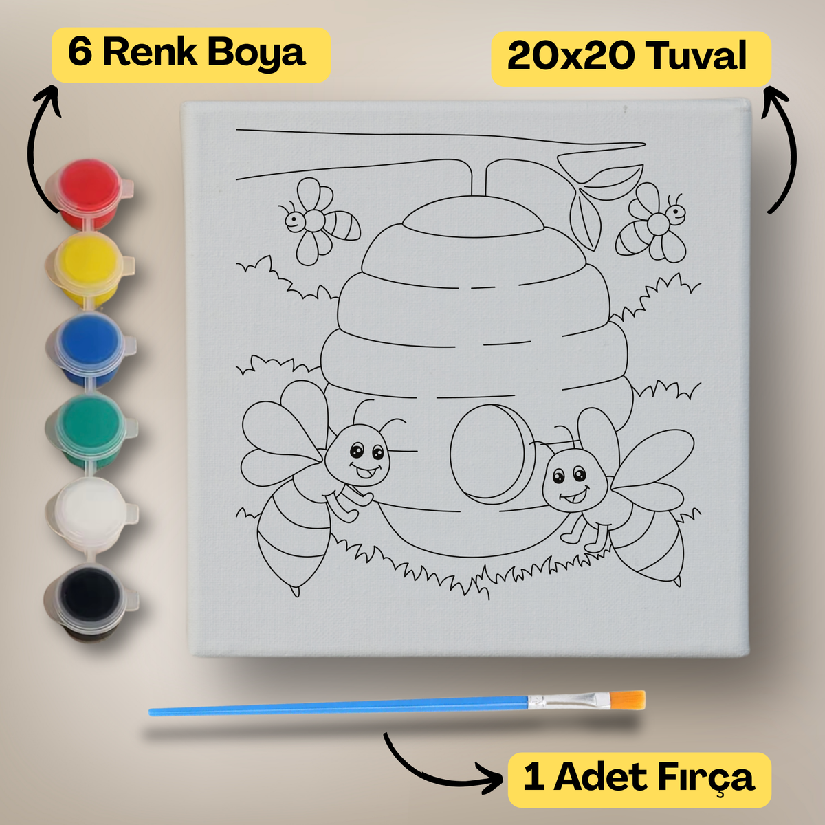 20x20 Çocuklar İçin Boyama Tuvali Seti – 6 Renk Boya + Fırça Dahil - t1 ürün görseli