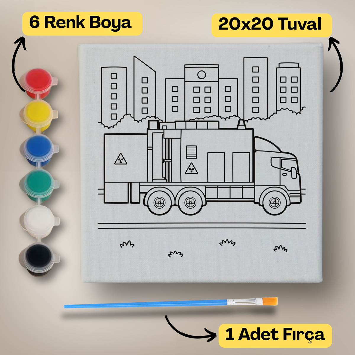 20x20 Çocuklar İçin Boyama Tuvali Seti – 6 Renk Boya + Fırça Dahil - t10 ürün görseli