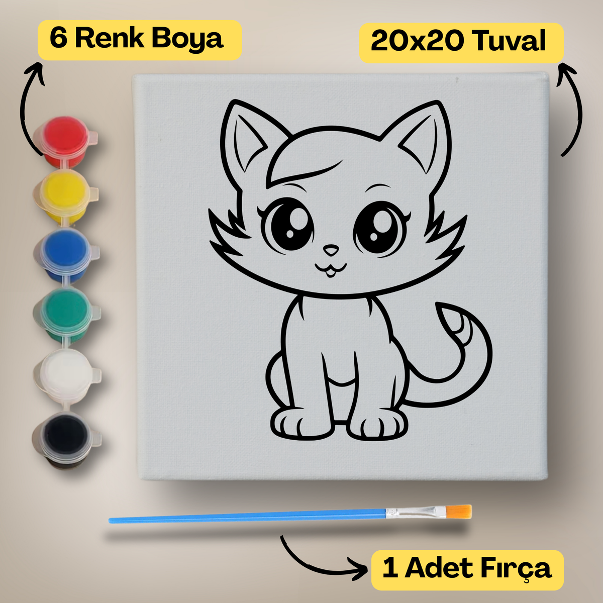 20x20 Çocuklar İçin Boyama Tuvali Seti – 6 Renk Boya + Fırça Dahil - t13 ürün görseli