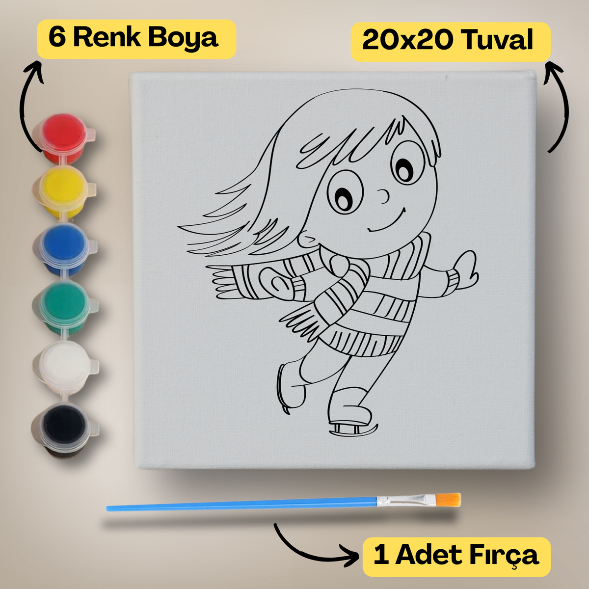 20x20 Çocuklar İçin Boyama Tuvali Seti – 6 Renk Boya + Fırça Dahil - t15 ürün görseli