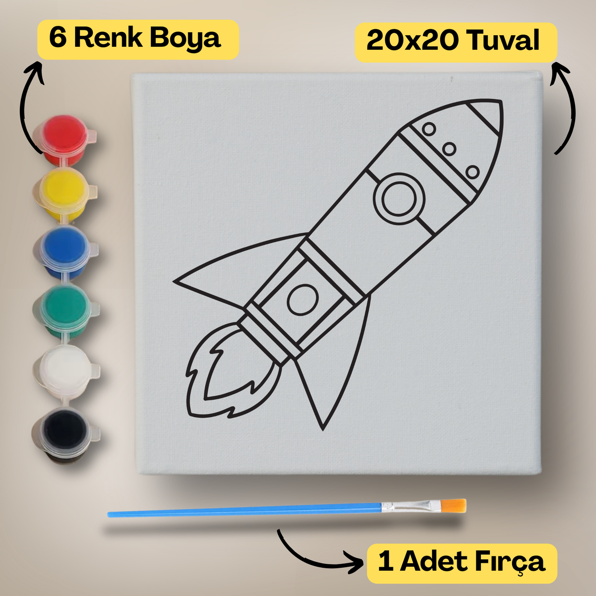 20x20 Çocuklar İçin Boyama Tuvali Seti – 6 Renk Boya + Fırça Dahil - t16 ürün görseli