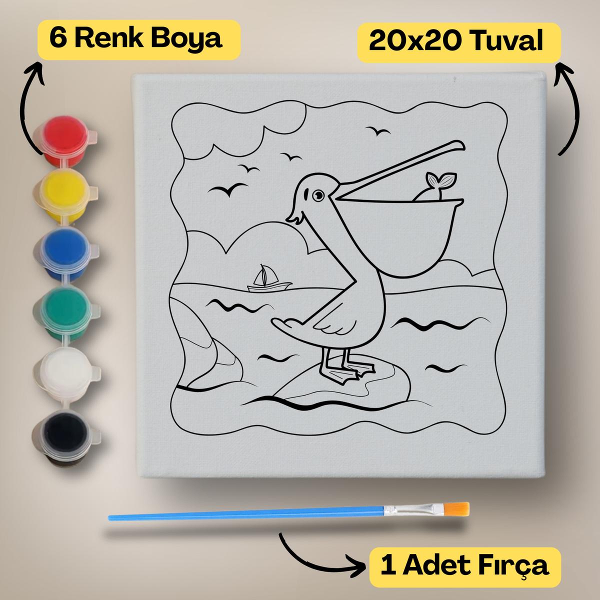 20x20 Çocuklar İçin Boyama Tuvali Seti – 6 Renk Boya + Fırça Dahil - t17 ürün görseli