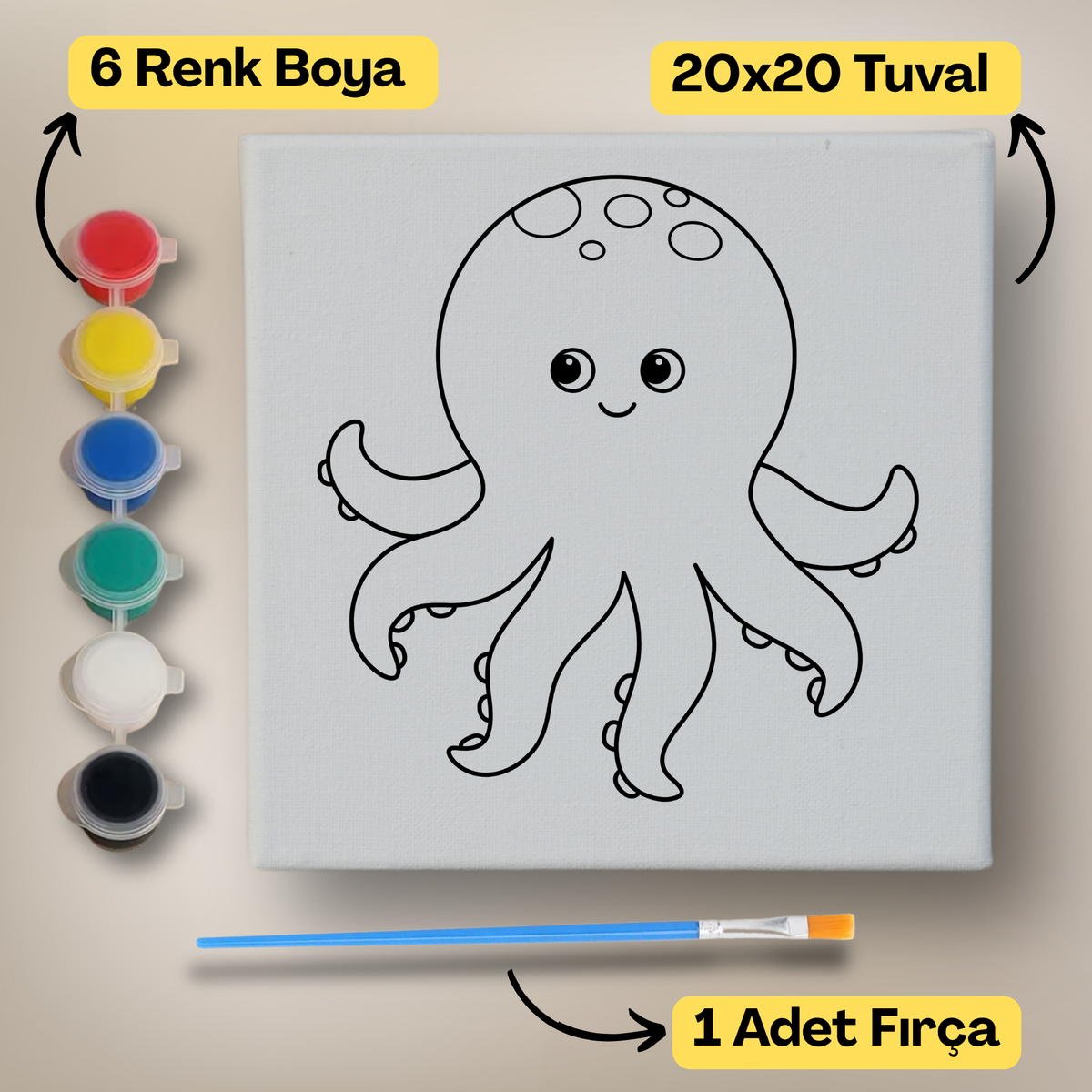 20x20 Çocuklar İçin Boyama Tuvali Seti – 6 Renk Boya + Fırça Dahil - t19 ürün görseli