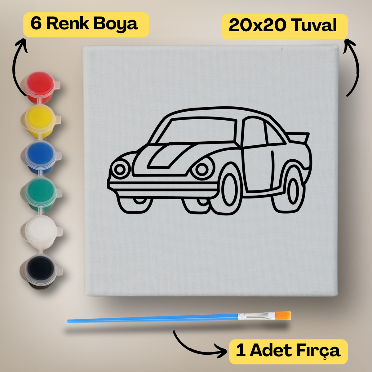 20x20 Çocuklar İçin Boyama Tuvali Seti – 6 Renk Boya + Fırça Dahil - t20 ürün görseli