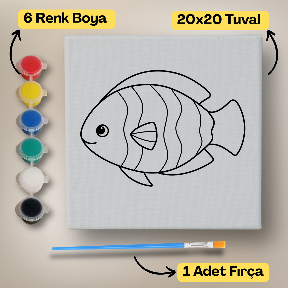 20x20 Çocuklar İçin Boyama Tuvali Seti – 6 Renk Boya + Fırça Dahil - t3 ürün görseli