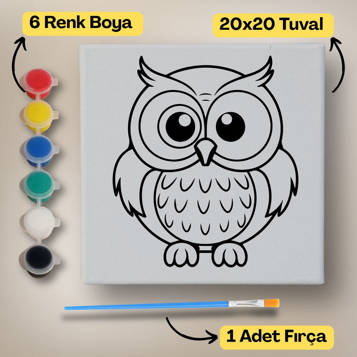 20x20 Çocuklar İçin Boyama Tuvali Seti – 6 Renk Boya + Fırça Dahil - t4 ürün görseli
