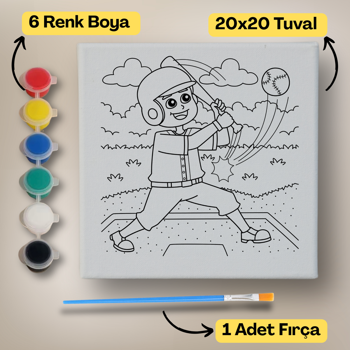20x20 Çocuklar İçin Boyama Tuvali Seti – 6 Renk Boya + Fırça Dahil - t5 ürün görseli