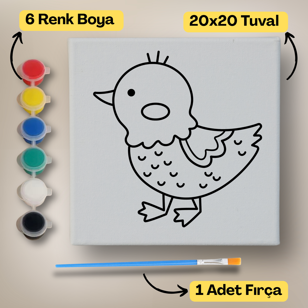 20x20 Çocuklar İçin Boyama Tuvali Seti – 6 Renk Boya + Fırça Dahil - t6 ürün görseli