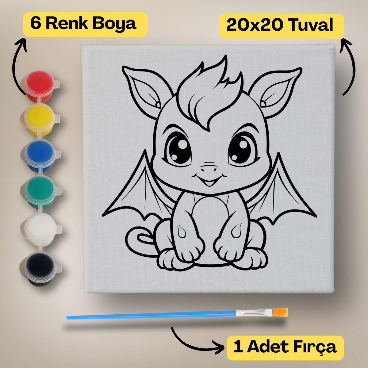 20x20 Çocuklar İçin Boyama Tuvali Seti – 6 Renk Boya + Fırça Dahil - t7 ürün görseli