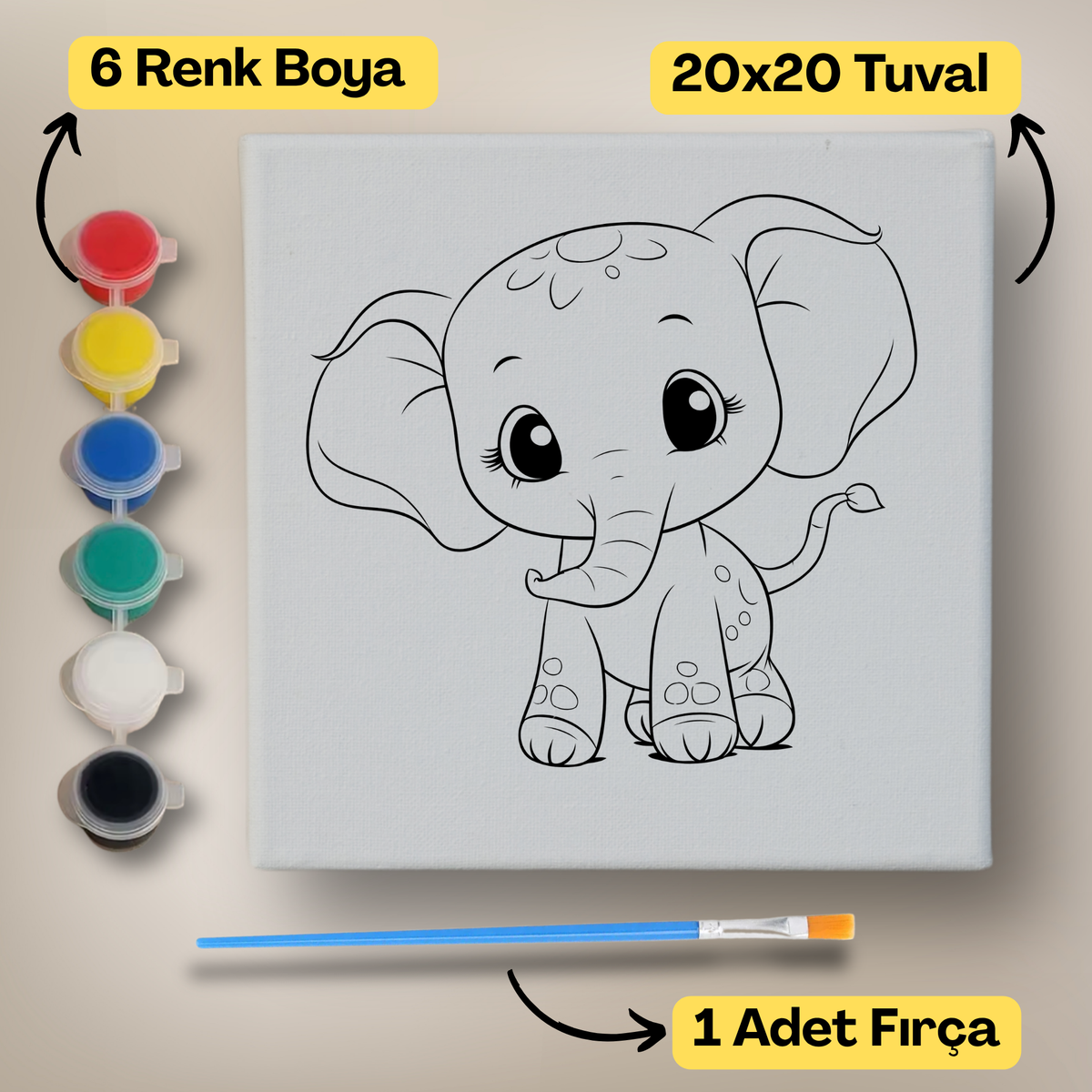 20x20 Çocuklar İçin Boyama Tuvali Seti – 6 Renk Boya + Fırça Dahil - t8 ürün görseli