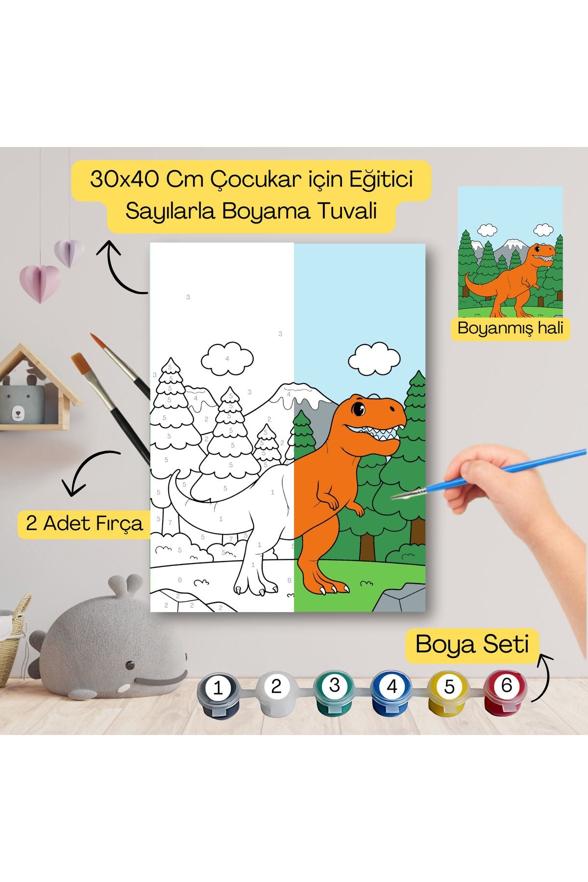 Çocuklar İçin Eğitici Sayılarla Boyama Seti Dinazor –30x40 Tuval,Boya&Fırça ,Sanat ve Zeka 30X40 çocuklar için sayılarla boyama seti ürün görseli