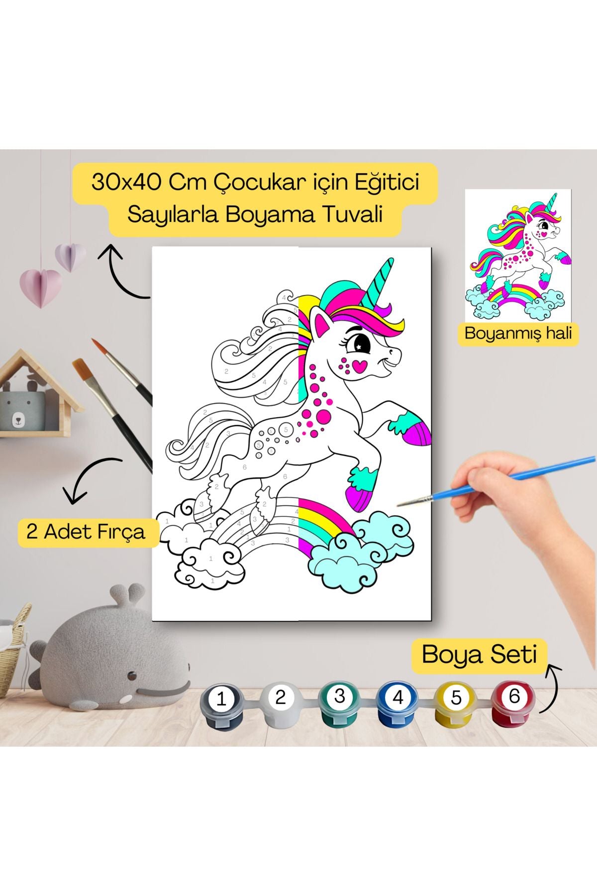 Çocuklar İçin Eğitici Sayılarla Boyama Seti Renkli At–30x40 Tuval,Boya&Fırça ,Sanat ve Zeka 30X40 çocuklar için sayılarla boyama seti ürün görseli