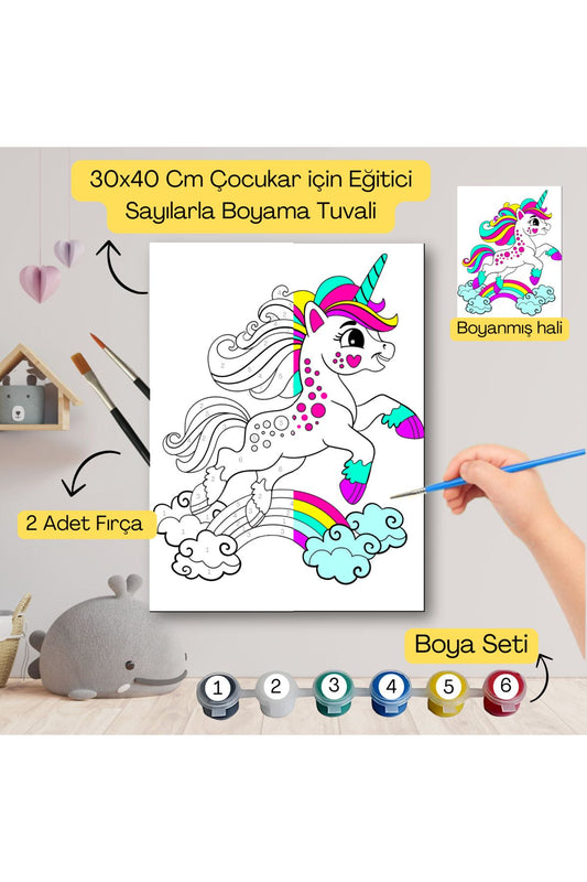 Çocuklar İçin Eğitici Sayılarla Boyama Seti Renkli At–30x40 Tuval,Boya&Fırça ,Sanat ve Zeka 30X40 çocuklar için sayılarla boyama seti ürün görseli