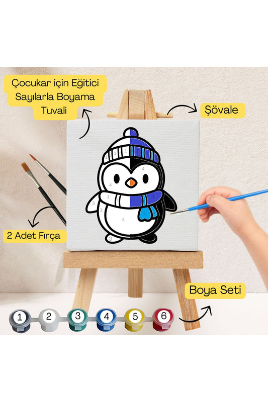 Çocuklar İçin Eğitici Sayılarla Boyama Seti Penguen–20x20 Tuval,Şövale,Boya&Fırça ,Sanat ve Zeka 20X20 çocuklar için sayılarla boyama seti ürün görseli