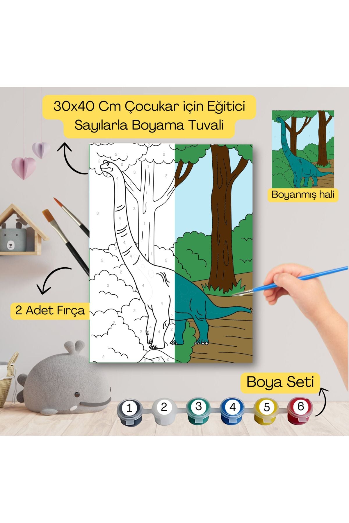Çocuklar İçin Eğitici Sayılarla Boyama Seti Yeşil Dinazor–30x40 Tuval,Boya&Fırça ,Sanat ve Zeka 30X40 çocuklar için sayılarla boyama seti ürün görseli