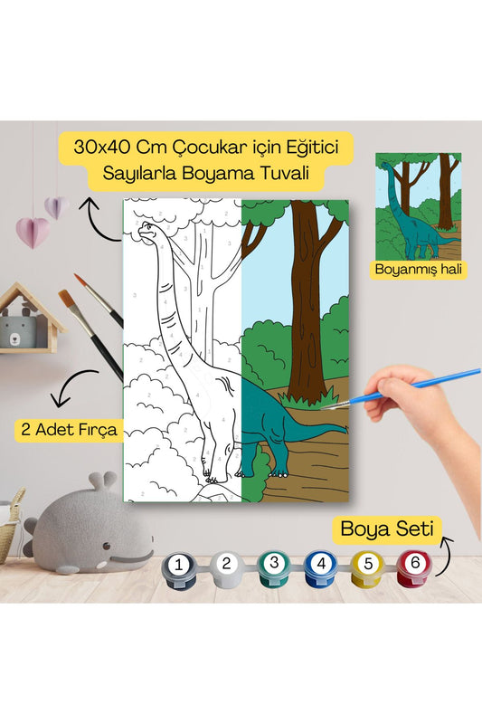 Çocuklar İçin Eğitici Sayılarla Boyama Seti Yeşil Dinazor–30x40 Tuval,Boya&Fırça ,Sanat ve Zeka 30X40 çocuklar için sayılarla boyama seti ürün görseli