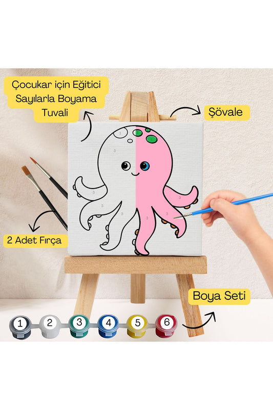 Çocuklar İçin Eğitici Sayılarla Boyama Seti Ahtapot–20x20 Tuval,Şövale,Boya&Fırça ,Sanat ve Zeka 20X20 çocuklar için sayılarla boyama seti ürün görseli