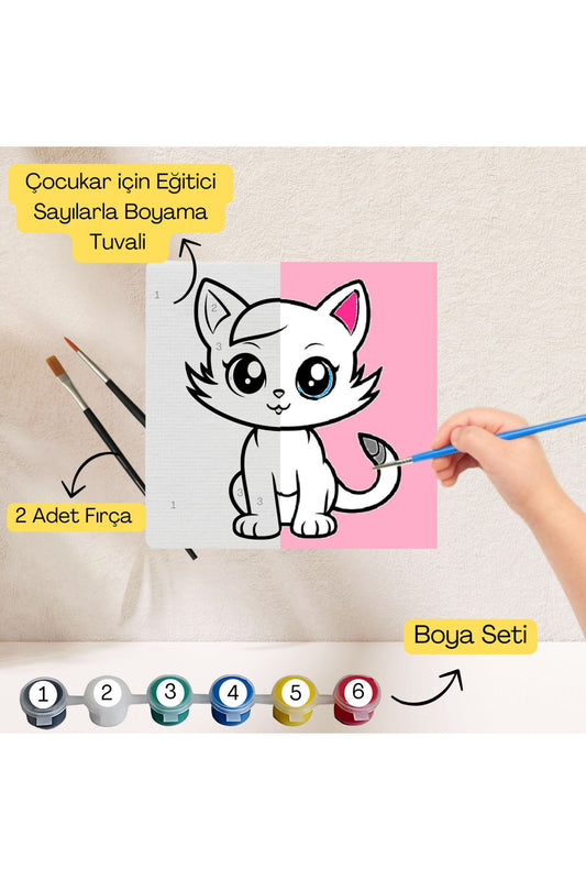 Çocuklar İçin Eğitici Sayılarla Boyama Seti Kedi–20x20 Tuval,Boya&Fırça,Sanat ve Zeka,Şovalesiz 20X20 çocuklar için sayılarla boyama seti ürün görseli