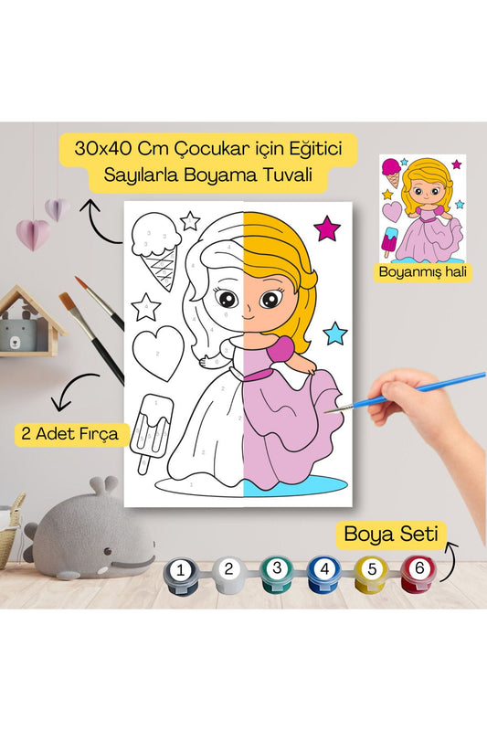 Çocuklar İçin Eğitici Sayılarla Boyama Seti Pembe Prenses–30x40 Tuval,Boya&Fırça ,Sanat ve Zeka 30X40 çocuklar için sayılarla boyama seti ürün görseli