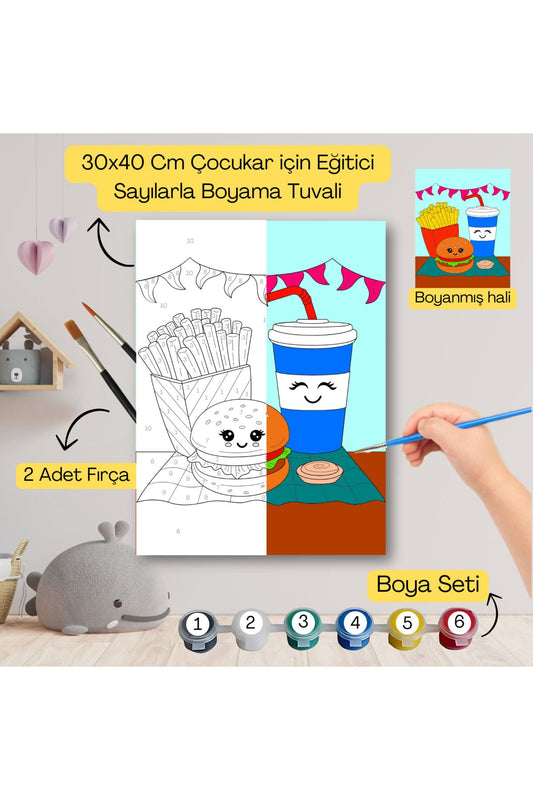 Çocuklar İçin Eğitici Sayılarla Boyama Seti Fast Food–30x40 Tuval,Boya&Fırça ,Sanat ve Zeka 30X40 çocuklar için sayılarla boyama seti ürün görseli