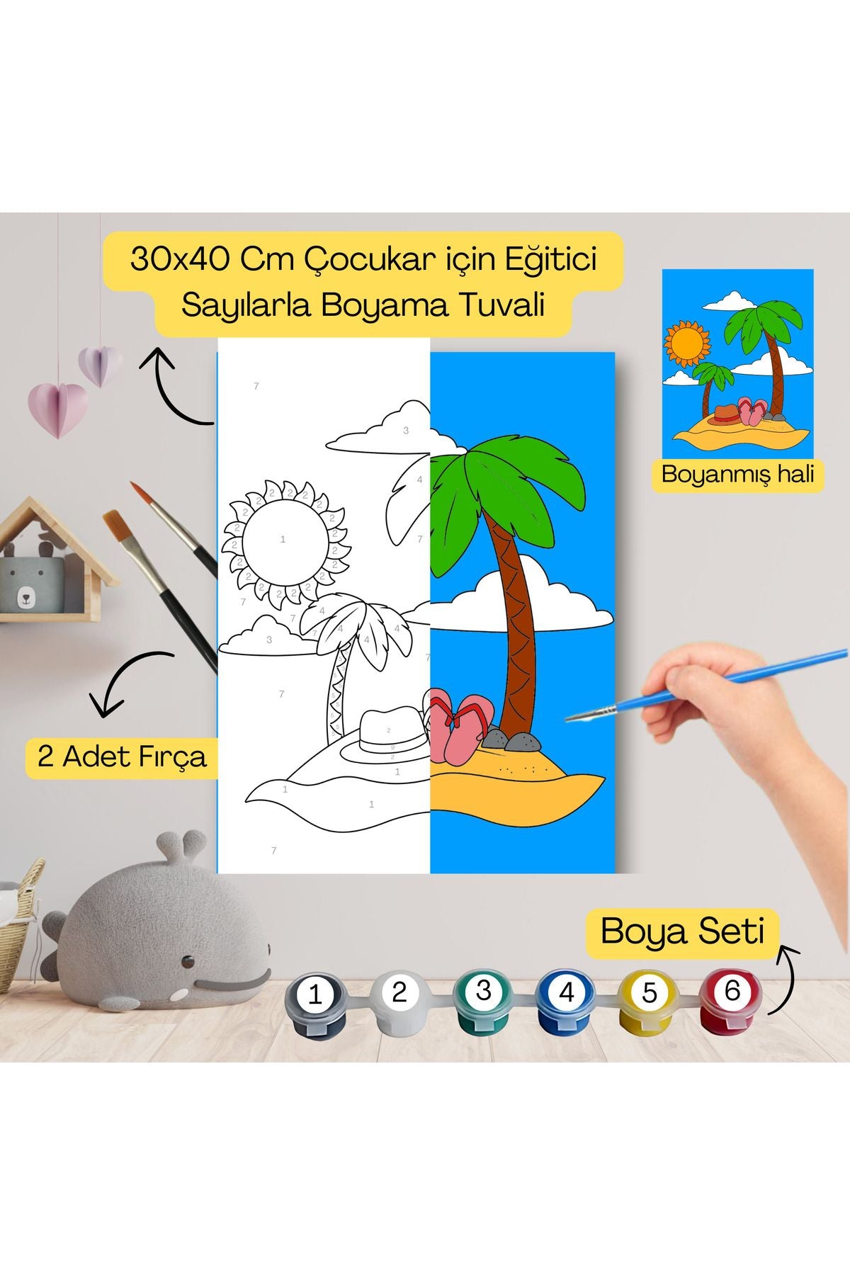 Çocuklar İçin Eğitici Sayılarla Boyama Seti Yaz–30x40 Tuval,Boya&Fırça ,Sanat ve Zeka 30X40 çocuklar için sayılarla boyama seti ürün görseli