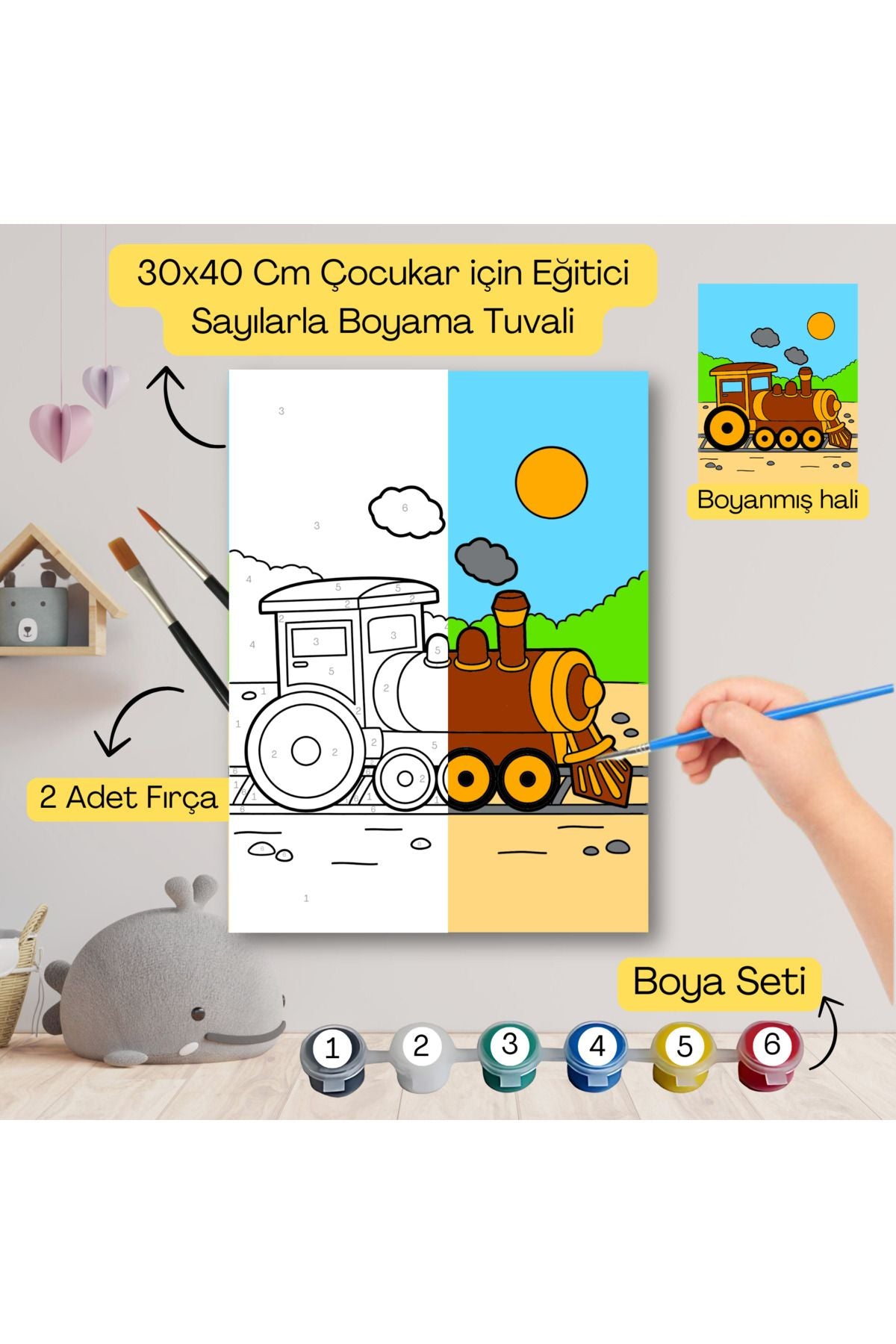 Çocuklar İçin Eğitici Sayılarla Boyama Seti Tren–30x40 Tuval,Boya&Fırça ,Sanat ve Zeka 30X40 çocuklar için sayılarla boyama seti ürün görseli