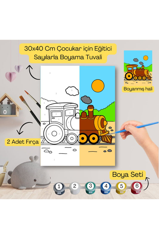 Çocuklar İçin Eğitici Sayılarla Boyama Seti Tren–30x40 Tuval,Boya&Fırça ,Sanat ve Zeka 30X40 çocuklar için sayılarla boyama seti ürün görseli