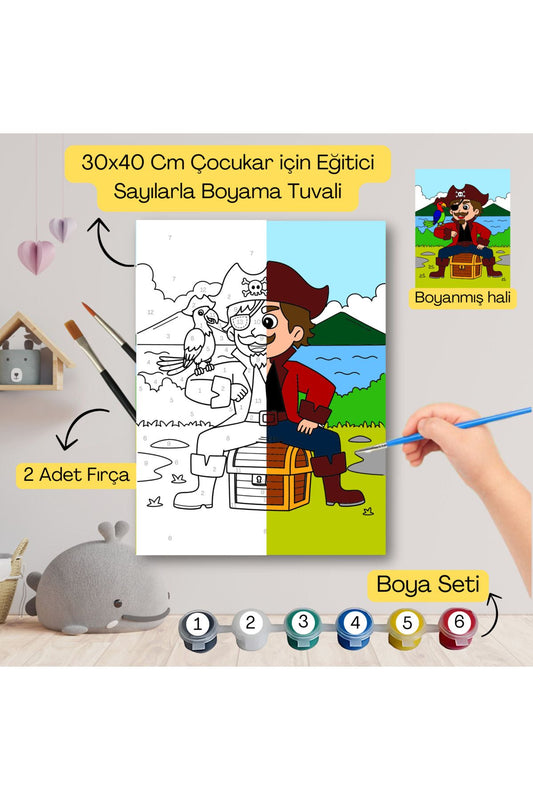 Çocuklar İçin Eğitici Sayılarla Boyama Seti Korsan Kaptan–30x40 Tuval,Boya&Fırça ,Sanat ve Zeka 30X40 çocuklar için sayılarla boyama seti ürün görseli