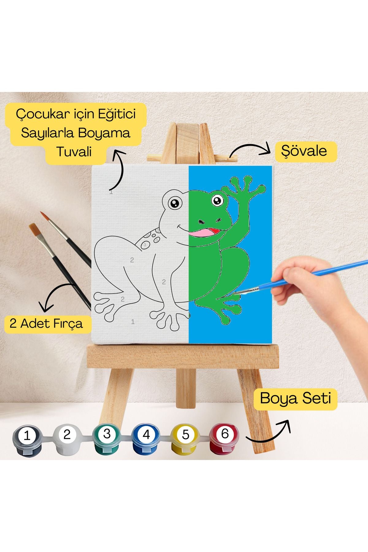 Çocuklar İçin Eğitici Sayılarla Boyama Seti Kurbağa–20x20 Tuval,Şövale,Boya&Fırça ,Sanat ve Zeka 20X20 çocuklar için sayılarla boyama seti ürün görseli
