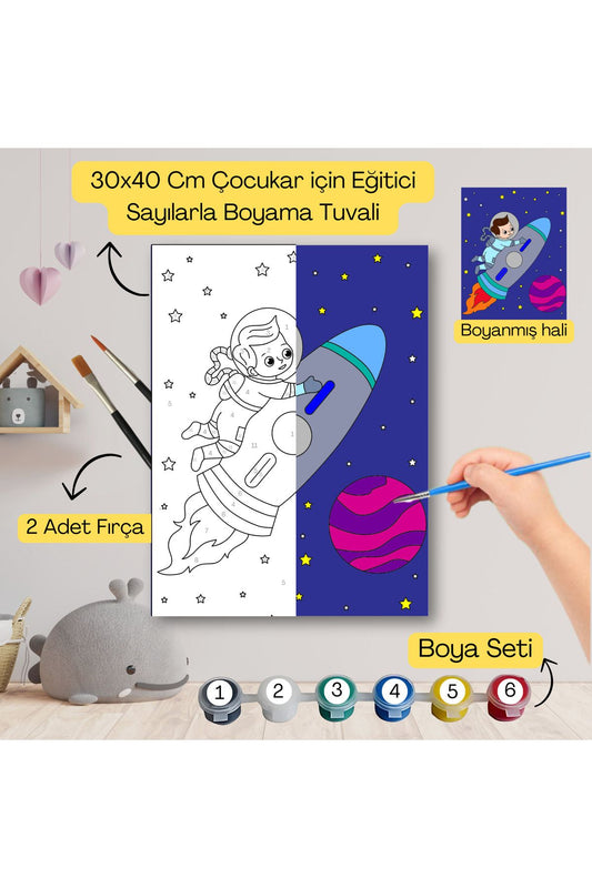 Çocuklar İçin Eğitici Sayılarla Boyama Seti Uzay Astranot–30x40 Tuval,Boya&Fırça ,Sanat ve Zeka 30X40 çocuklar için sayılarla boyama seti ürün görseli