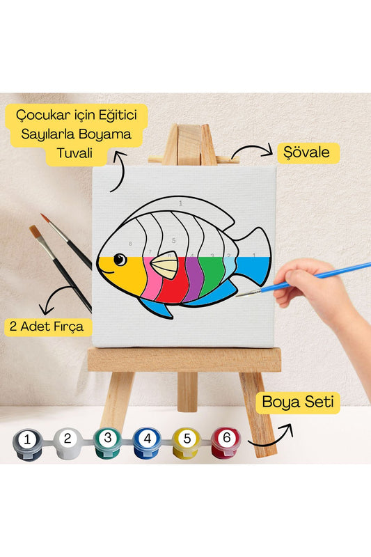 Çocuklar İçin Eğitici Sayılarla Boyama Seti Balık–20x20 Tuval,Şövale,Boya&Fırça ,Sanat ve Zeka 20X20 çocuklar için sayılarla boyama seti ürün görseli