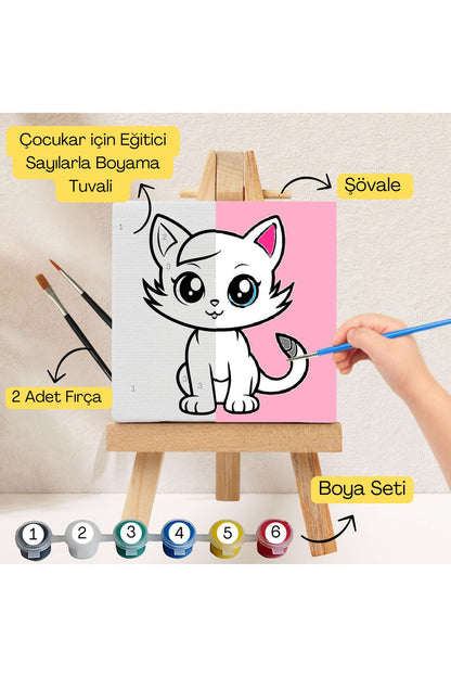 Çocuklar İçin Eğitici Sayılarla Boyama Seti Kedi–20x20 Tuval,Şövale,Boya&Fırça ,Sanat ve Zeka 20X20 çocuklar için sayılarla boyama seti ürün görseli