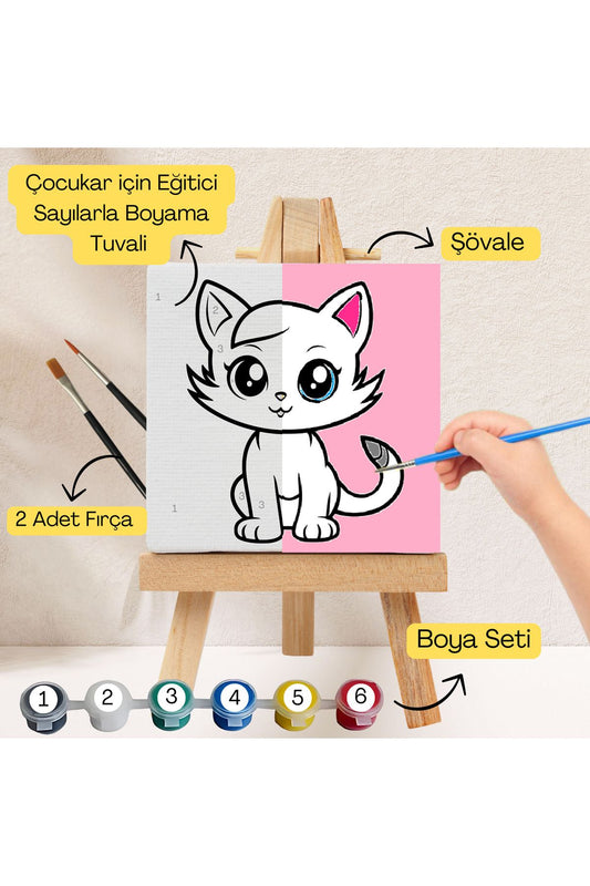 Çocuklar İçin Eğitici Sayılarla Boyama Seti Kedi–20x20 Tuval,Şövale,Boya&Fırça ,Sanat ve Zeka 20X20 çocuklar için sayılarla boyama seti ürün görseli