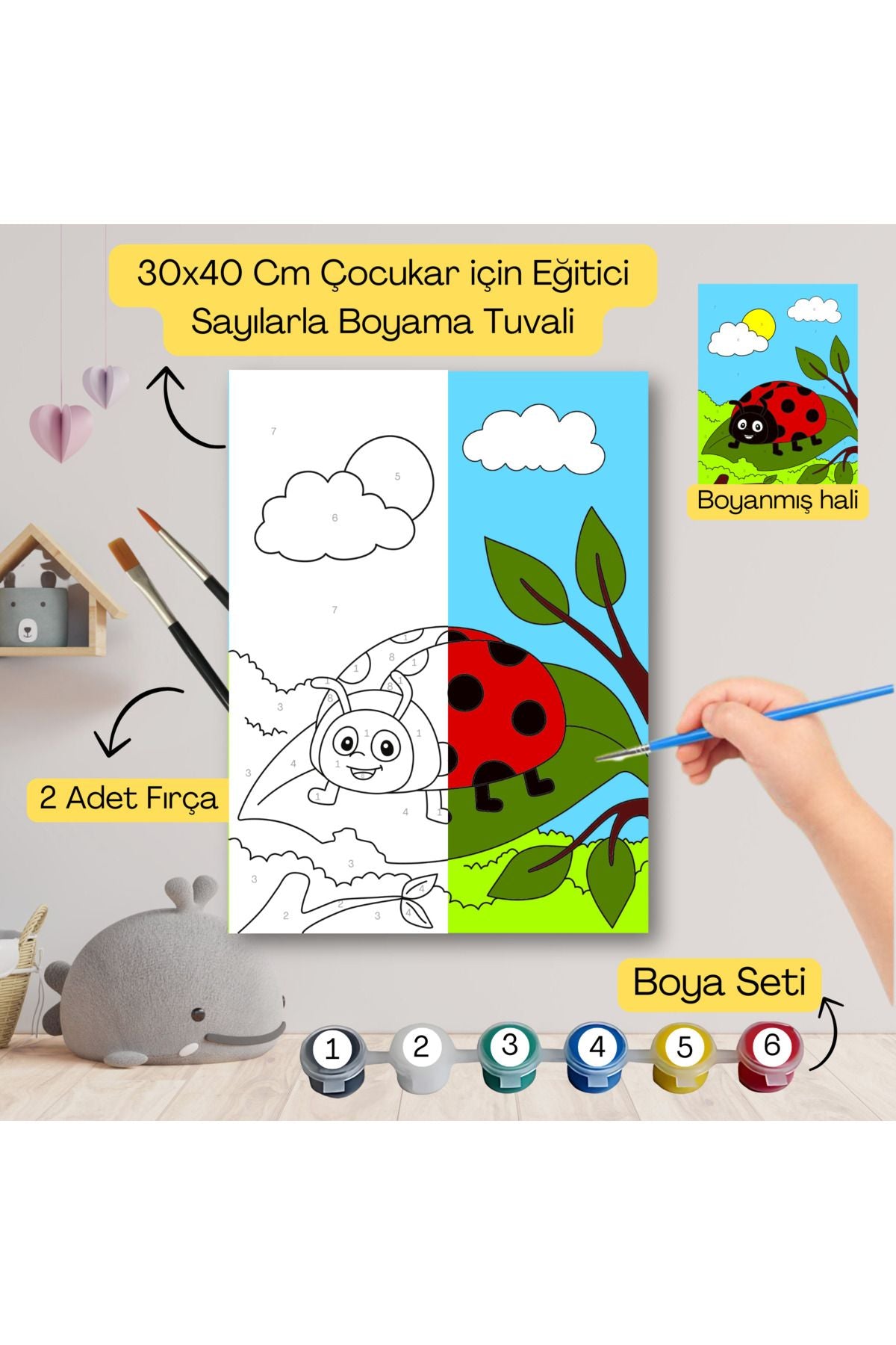 Çocuklar İçin Eğitici Sayılarla Boyama Seti Uğur Böceği–30x40 Tuval,Boya&Fırça ,Sanat ve Zeka 30X40 çocuklar için sayılarla boyama seti ürün görseli