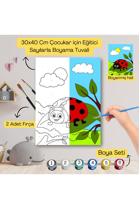 Çocuklar İçin Eğitici Sayılarla Boyama Seti Uğur Böceği–30x40 Tuval,Boya&Fırça ,Sanat ve Zeka 30X40 çocuklar için sayılarla boyama seti ürün görseli