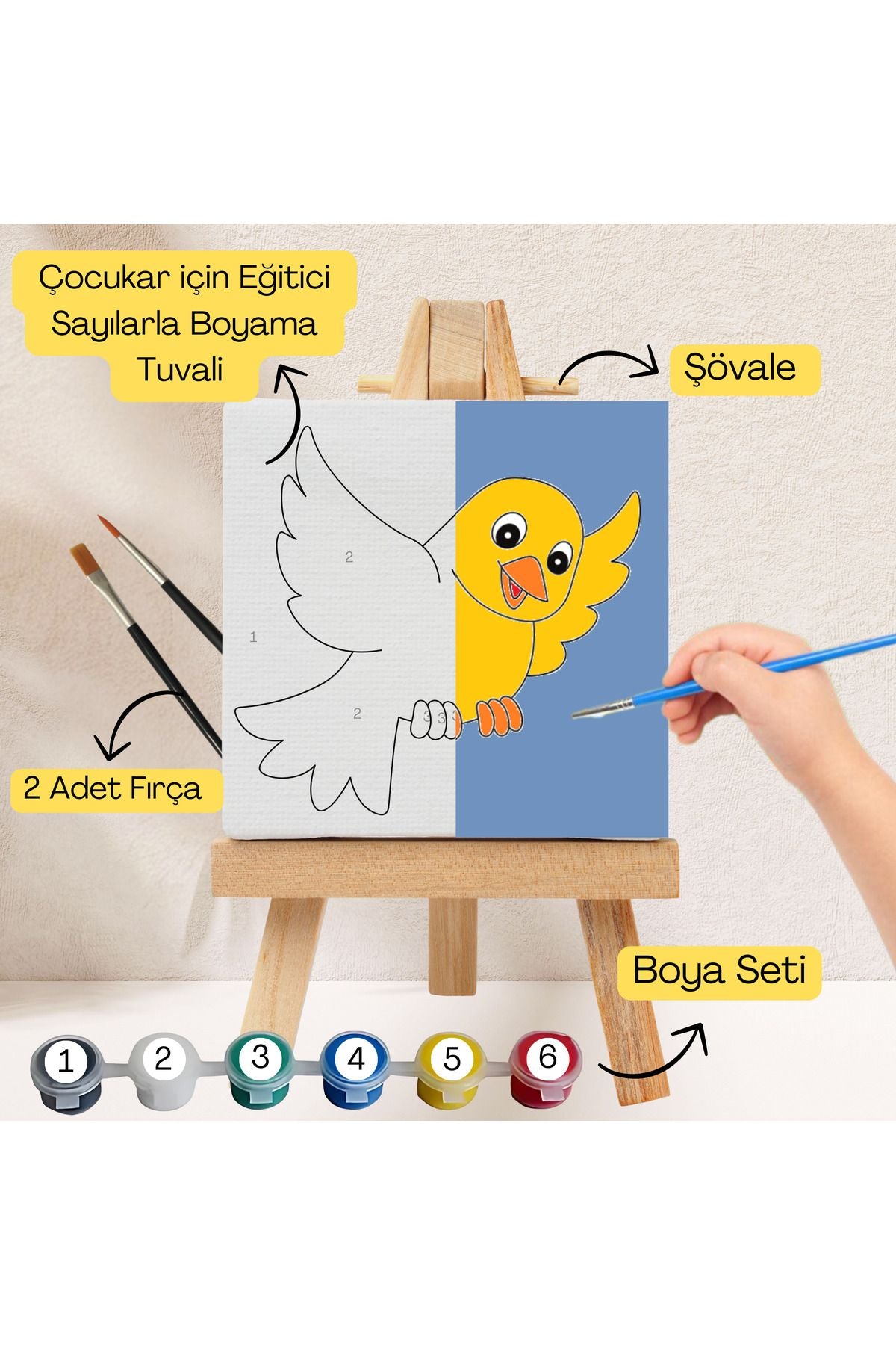 Çocuklar İçin Eğitici Sayılarla Boyama Seti Kuş–20x20 Tuval,Şövale,Boya&Fırça ,Sanat ve Zeka 20X20 çocuklar için sayılarla boyama seti ürün görseli