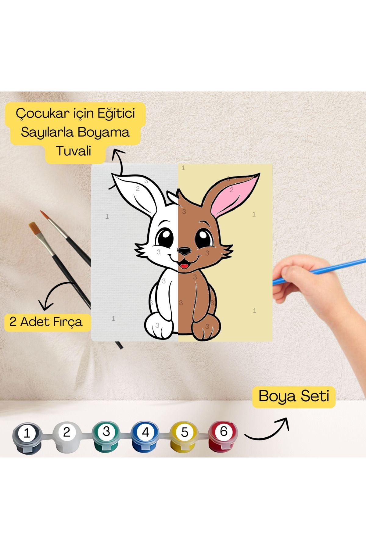 Çocuklar İçin Eğitici Sayılarla Boyama Seti Tavşan–20x20 Tuval,Boya&Fırça,Sanat ve Zeka,Şovalesiz 20X20 çocuklar için sayılarla boyama seti ürün görseli