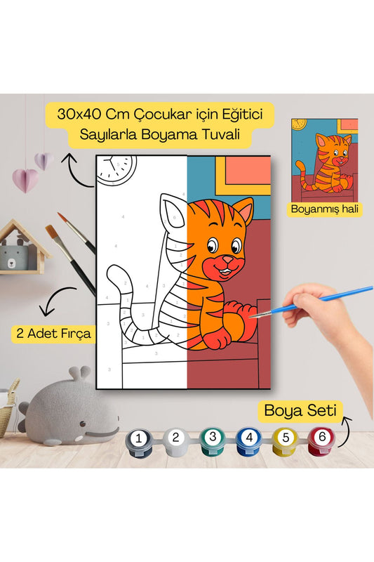 Çocuklar İçin Eğitici Sayılarla Boyama Seti Kedicik–30x40 Tuval,Boya&Fırça ,Sanat ve Zeka 30X40 çocuklar için sayılarla boyama seti ürün görseli
