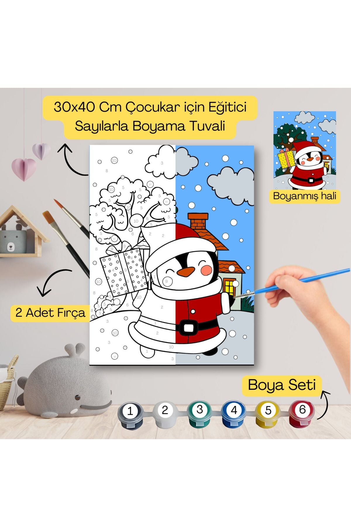 Çocuklar İçin Eğitici Sayılarla Boyama Seti Noel Baba–30x40 Tuval,Boya&Fırça ,Sanat ve Zeka 30X40 çocuklar için sayılarla boyama seti ürün görseli