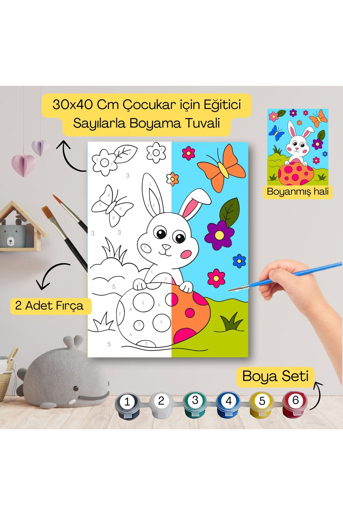Çocuklar İçin Eğitici Sayılarla Boyama Seti Sevimli Tavşan–30x40 Tuval,Boya&Fırça ,Sanat ve Zeka 30X40 çocuklar için sayılarla boyama seti ürün görseli