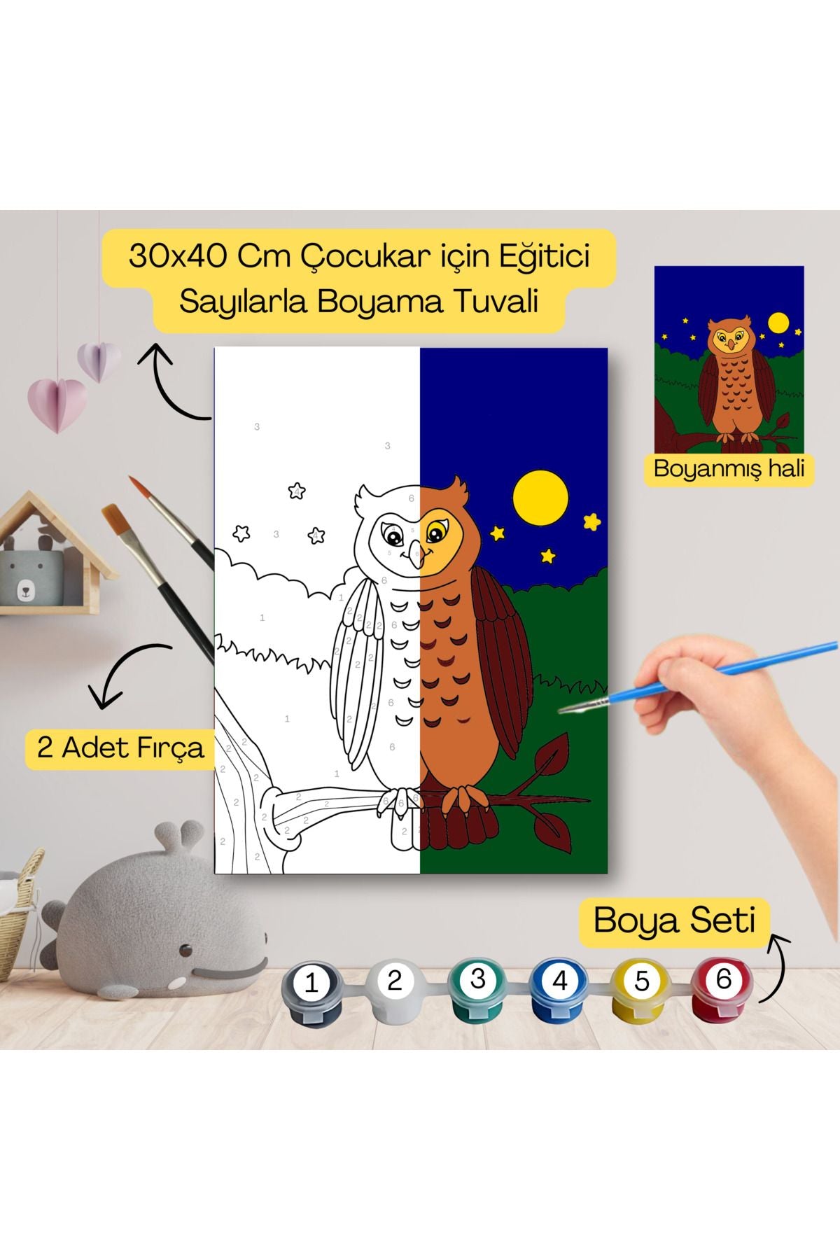 Çocuklar İçin Eğitici Sayılarla Boyama Seti Baykuş–30x40 Tuval,Boya&Fırça ,Sanat ve Zeka 30X40 çocuklar için sayılarla boyama seti ürün görseli