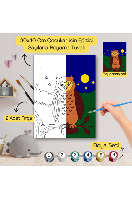 Çocuklar İçin Eğitici Sayılarla Boyama Seti Baykuş–30x40 Tuval,Boya&Fırça ,Sanat ve Zeka 30X40 çocuklar için sayılarla boyama seti ürün görseli