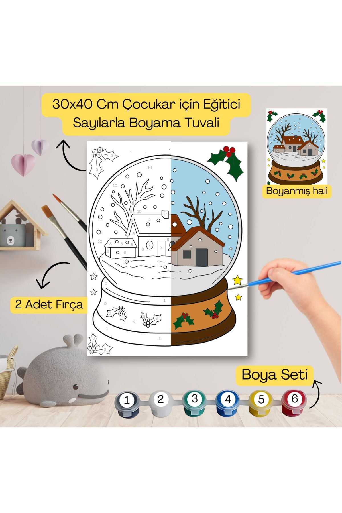 Çocuklar İçin Eğitici Sayılarla Boyama Seti Kar Küresi–30x40 Tuval,Boya&Fırça ,Sanat ve Zeka 30X40 çocuklar için sayılarla boyama seti ürün görseli