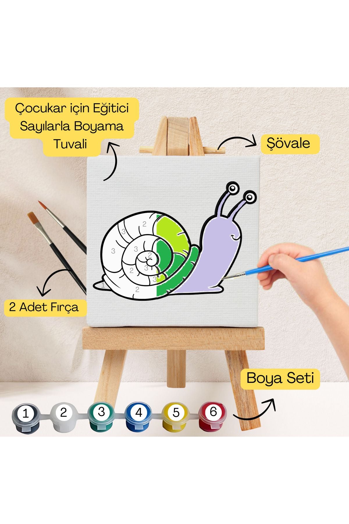 Çocuklar İçin Eğitici Sayılarla Boyama Seti Salyangoz–20x20 Tuval,Şövale,Boya&Fırça ,Sanat ve Zeka 20X20 çocuklar için sayılarla boyama seti ürün görseli