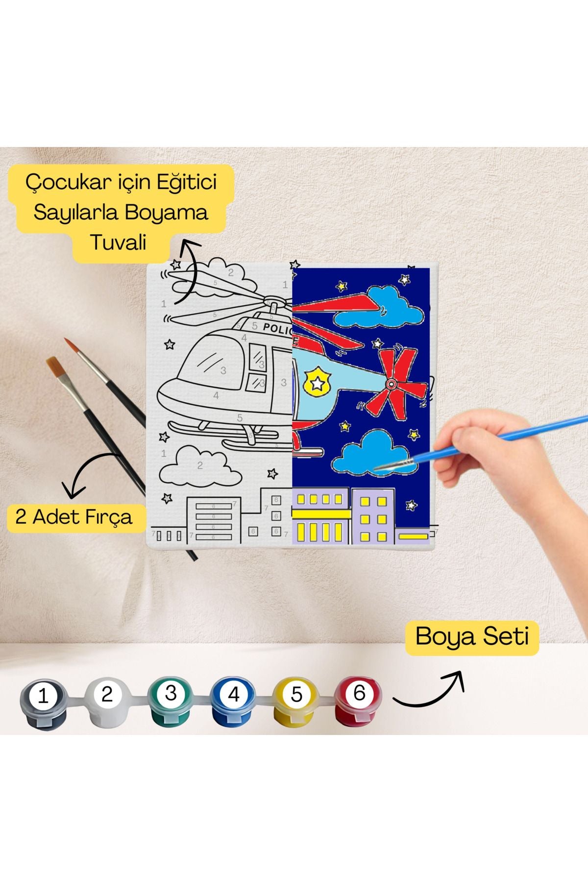 Çocuklar İçin Eğitici Sayılarla Boyama Seti Helikopter–20x20 ,Boya&Fırça,Sanat ve Zeka,Şovalesiz 20X20 çocuklar için sayılarla boyama seti ürün görseli